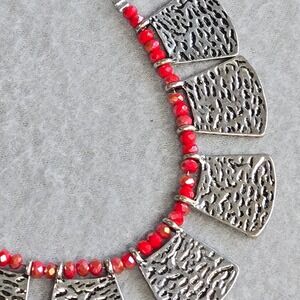Plunder Design Statement Bib Necklace Womens Silver Red Hammered Fan Beaded Boho